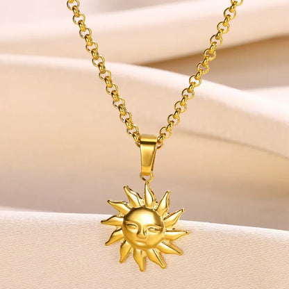 Stainless Steel Sun Sunflower Pendant Necklace For Women Gold Color Round Charm Clavicle Chain Necklaces Fashion Jewelry Gift