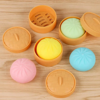 Colorful Dumpling Squishy Stress Ball | Simulation Food Bun with Steamer Fidget Toy