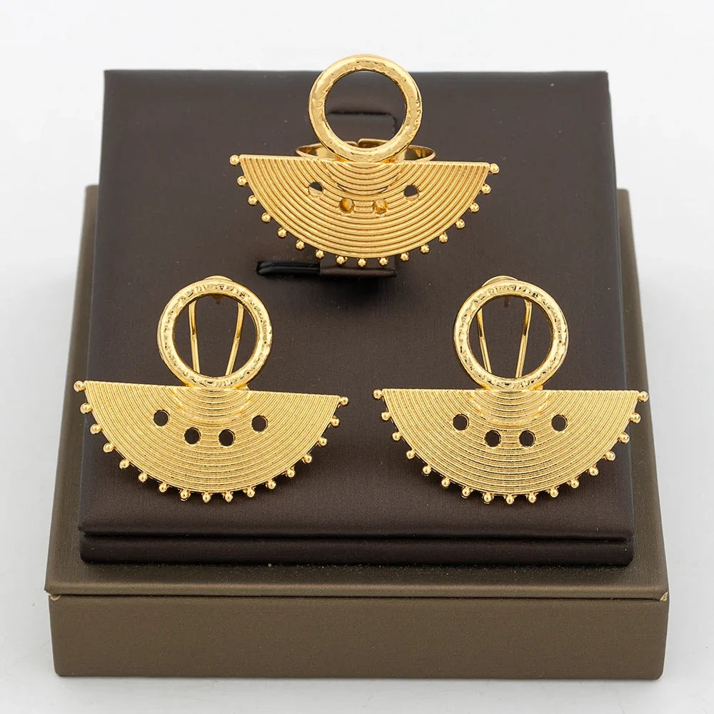 New Design Earrings Jewelry Set for Women Fashion 18k Gold Plated Copper Resizable Ring and Earrings for Dubai Retro Jewelry