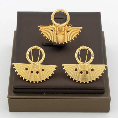New Design Earrings Jewelry Set for Women Fashion 18k Gold Plated Copper Resizable Ring and Earrings for Dubai Retro Jewelry