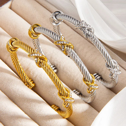 1pcs Stainless Steel 8-shaped Cross Diamond Bracelet Trendy Fashion Versatile Steel Rope Open Bracelet Party Jewelry Gifts