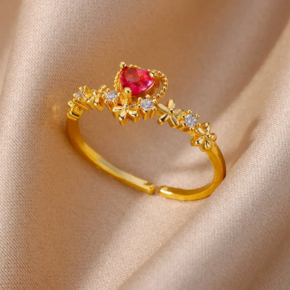 Stainless Steel Rings For Women Gold Color Fashion Heart Zircon Opening Ring Female Finger Wedding Party Jewelry Gift
