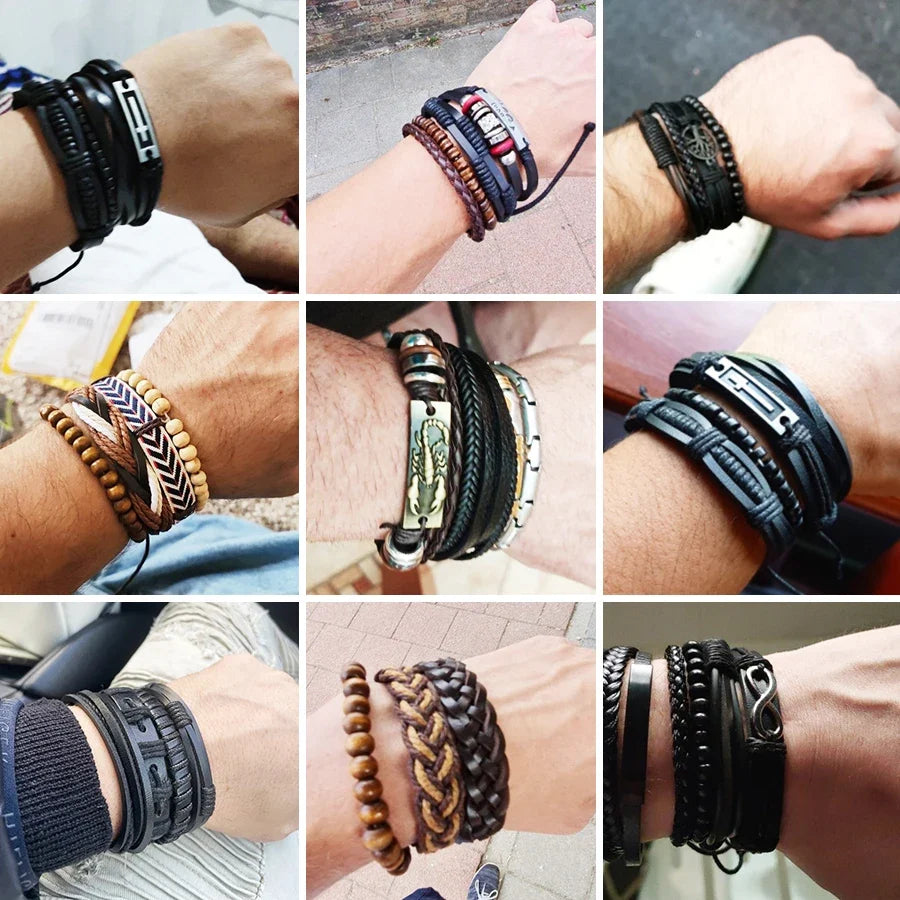 MeMolissa New Fashion Braided Wrap Leather Bracelets for Men High Quality Vintage Charm Wood Beads Ethnic Tribal Wristbands