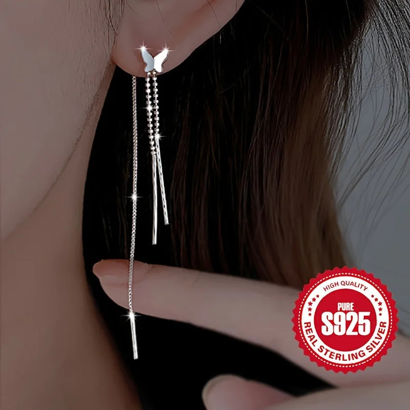 Pair of S925 Silver Butterfly Tassel Earrings for Ladies Low Allergy Sweet Girl Versatile Daily Accessory Perfect Gift for Women