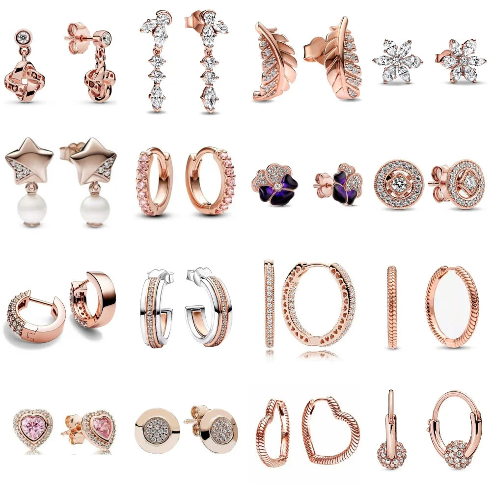 Rose Gold Color 925 Silver Sterling Flower Stud Earrings, Fit Women's Festival Christmas Charm Jewelry Gifts