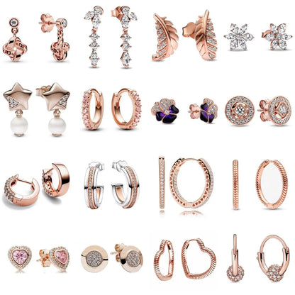 Rose Gold Color 925 Silver Sterling Flower Stud Earrings, Fit Women's Festival Christmas Charm Jewelry Gifts