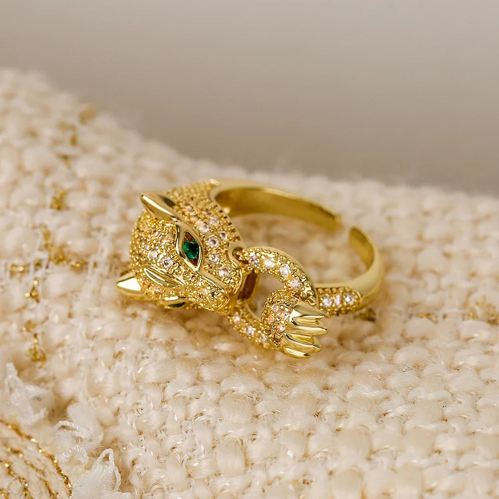 NEWBUY High Quality Fashion Statement Big Animal Ring For Women Girl Party Jewelry Gold Color Zircon Leopard Open Ring Wholesale