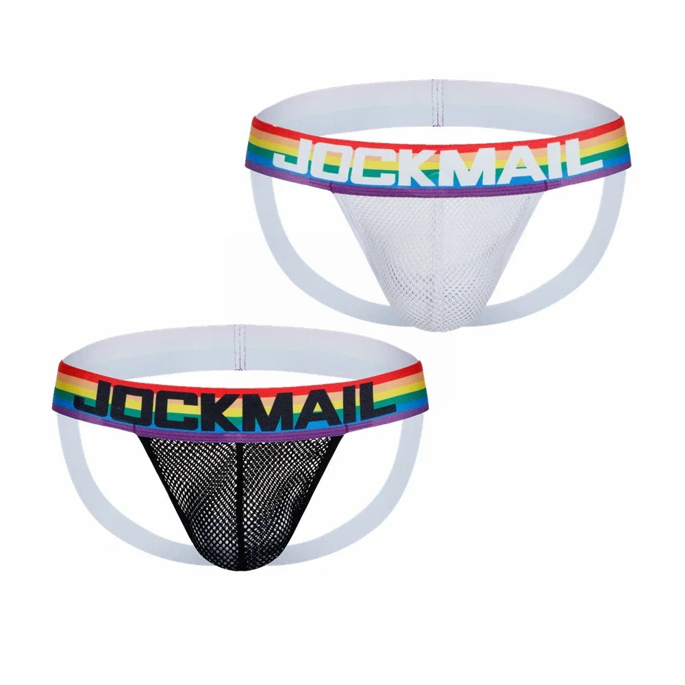 2pcs/Lot Men Underwear Jockstrap Thong Nylon Mesh Rainbow Sexy Sissy Panties Tangas De Homrbre Cueca Gay Underwear Breathable