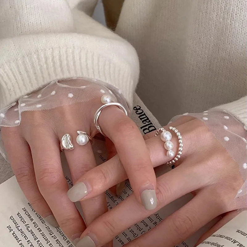 PANJBJ 925 Sterling Silver Pearl Irregular Ring | Women Shell Overlapping Hollow Sweet Design Jewelry