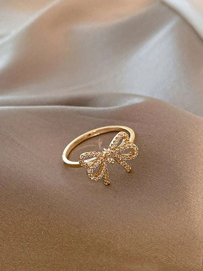 Yupsk Korean Fashion Micropaved Crystal Zirconia Bow Ring for Women Girls Exquisite Ins Trendy Minimalist Finger Rings Jewelry