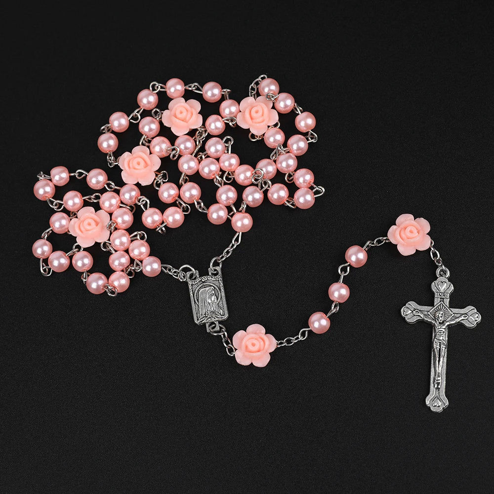 Catholic Rosary Beads Rosary Necklace Christian Praying 6MM Pearl Beads Long Y Chain Cross Pendant For Women Religiou Jewelry
