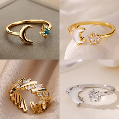 Zircon Moon Rings For Women Stainless Steel Glowing Moon Star Adjustable Finger Ring Aesthetic Wedding Jewelery Gift bague femme