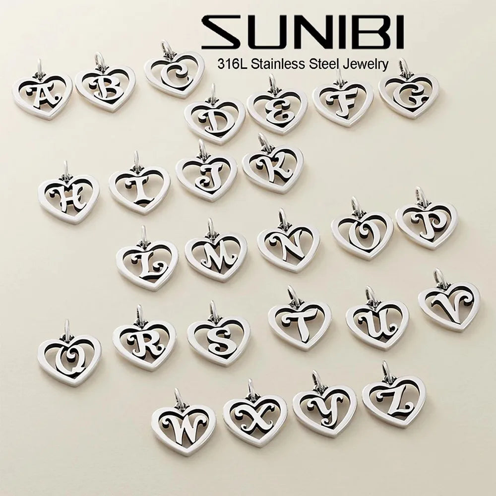 SUNIBI Stainless Steel Letter Heart Shape Hollow Pendant Charm for Bracelet Necklaces  for Women DIY Jewelry Making