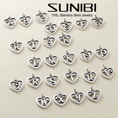 SUNIBI Stainless Steel Letter Heart Shape Hollow Pendant Charm for Bracelet Necklaces  for Women DIY Jewelry Making
