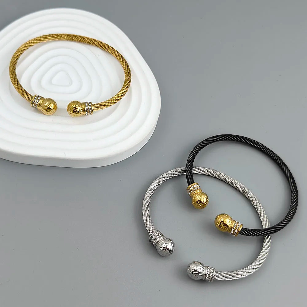 Wire twisted double ball zirconia stainless steel gold plated 18K bracelet, high quality waterproof silver jewelry, couple gift