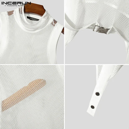 Fashion Casual Style Tops INCERUN Men Deconstruction Sleevelet Vests Sexy Buckle Mesh Splicing Half High Neck Cropped Tank Tops