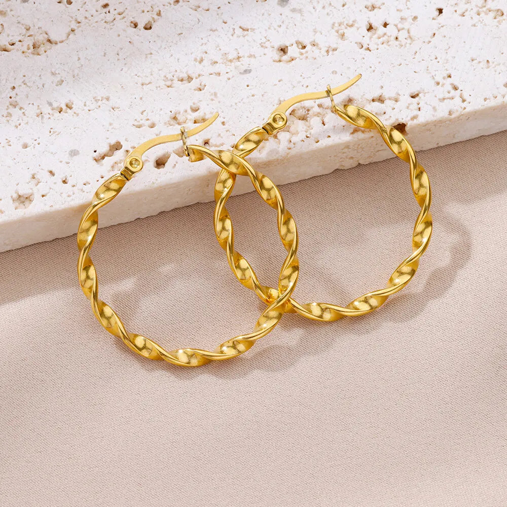 Vintage Round Stainless Steel Hoop Earrings For Women Gold Plated Earring 2023 Trending Statement Ear Jewelry Christmas Gift