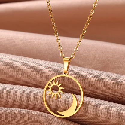Stainless Steel Sun Sunflower Pendant Necklace For Women Gold Color Round Charm Clavicle Chain Necklaces Fashion Jewelry Gift