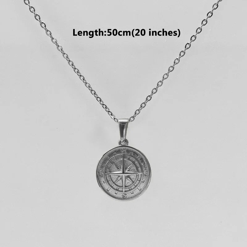 18K Gold Plated Stainless Steel Compass Pendant Necklace - Round Coin Design for Men & Women, Waterproof Unisex Jewelry Gift