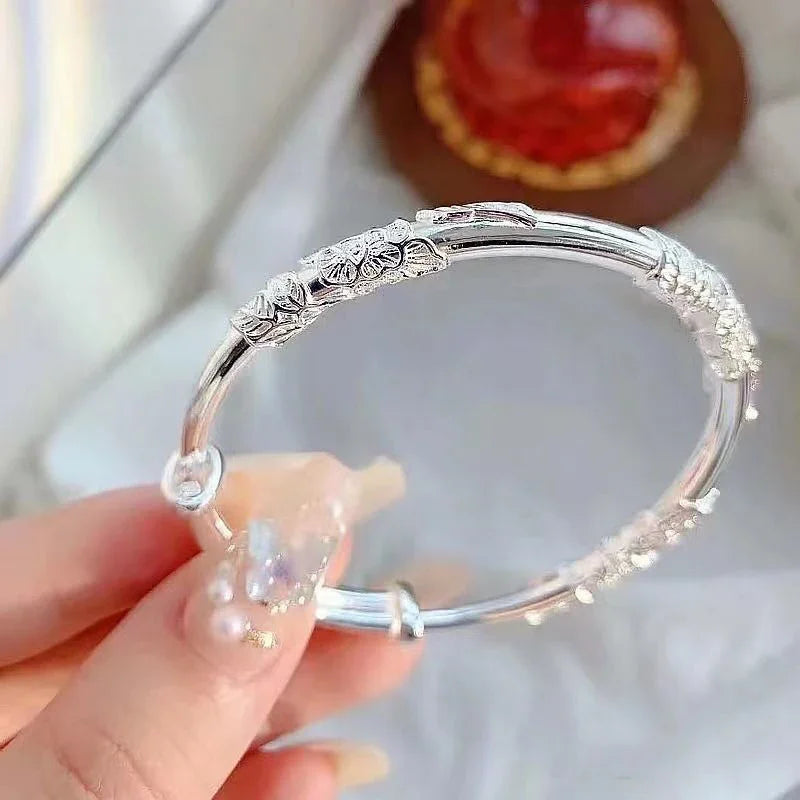 ALIZERO 925 Sterling Silver Full-blown Flowers Bangle Bracelet For Women's Delicate Open Adjustable Bracelets Fashion Jewelry