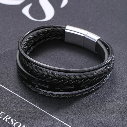 Fashion Cross Leather Rope Bracelet for Men Vintage Woven Leather Bracelet Punk Metal Magnet Buckle Personality Bracelet Jewelry