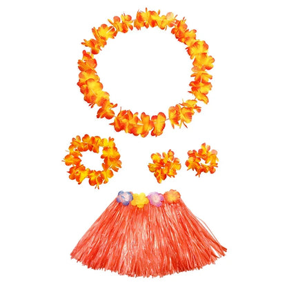 Kids Hawaiian Luau Costume Set | Grass Skirt Lei Flower Bracelets Headband