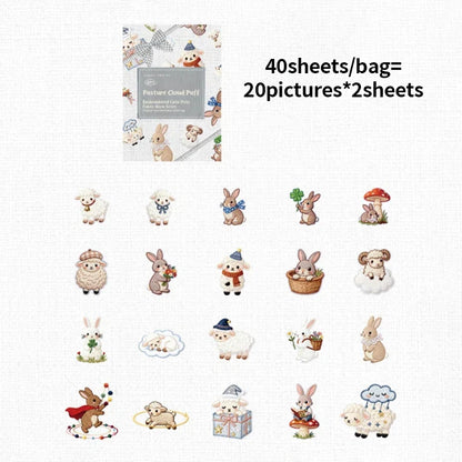 Kawaii Embroidered Fabric Pet Sticker Set | 40Pcs White Kraft Paper Journal Decor
