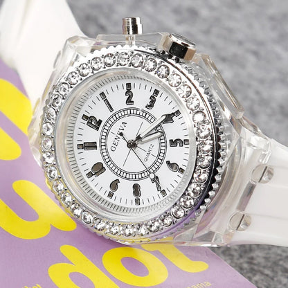 Luminous Quartz Watch for Women Personality Rhinestone Led Fashion Geneva Male and Female Students Couple Jelly Wrist Watches