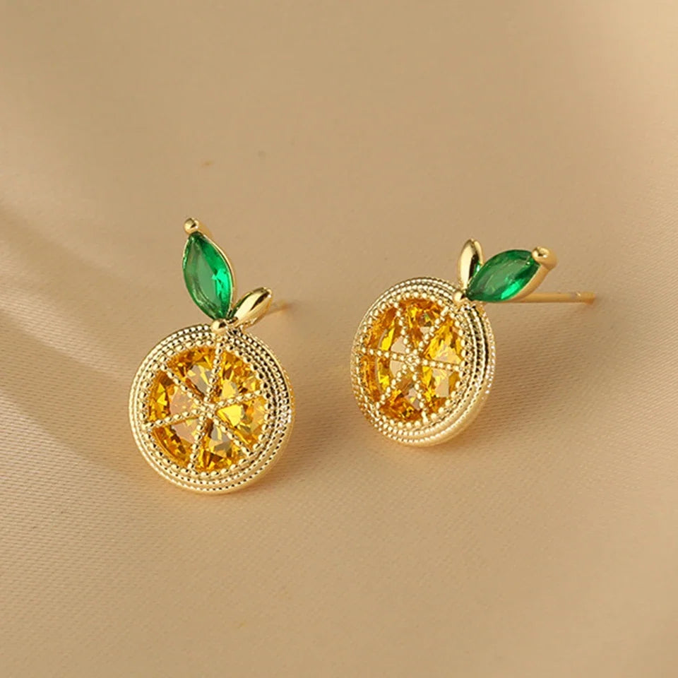 Yupsk Korean Cute Orange Lemon Fruit Stud Earrings for Women Girls Delicate Yellow Cubic Zirconia Fashion Daily Ear Accessories