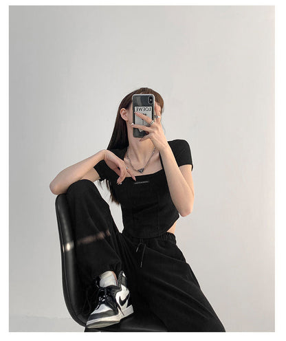 Curved Crop Tops Women Summer Square Collar Short Sleeve T-Shirt Fashion Slim Woman