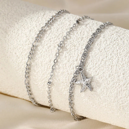 woiwoi Stainless Steel Anklet Starfish Triple Stacking Chain Light Luxury Fashion Elegant Ladies Anklet Jewelry Party  Match