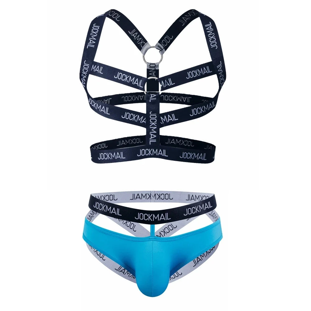 Sexy Gay Men Underwear Bondage Mens Harness Thongs Set Body Chest Costume G-string Jockstrap Lingerie Man Halter Neck Hollow Out