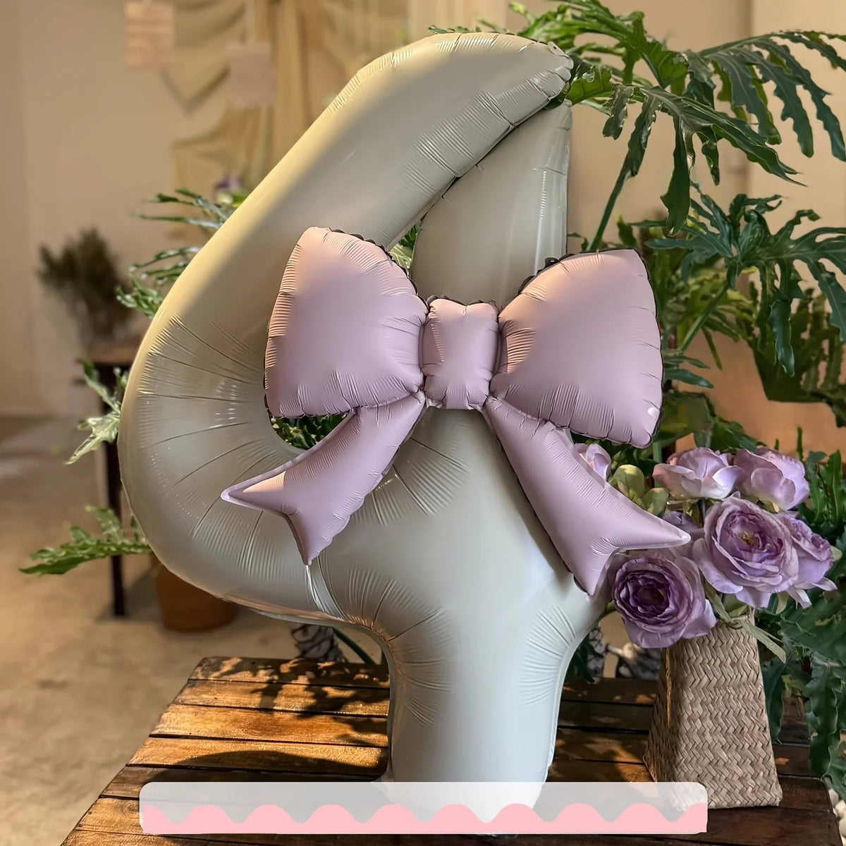 2 Pcs 32 Inch Cream Digital Balloon Set with Pink Bow | Aluminum Foil Party Decor