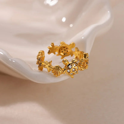 Starfish Shell Stainless Steel Open Rings For Women Fashion Gold Color Finger Ring Trendy Summer Beach Vacation Ocean Jewelry