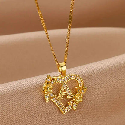 Zircon Flower Initials Necklaces For Women Stainless Steel Heart Gold Color Letter Chain Collar 2025 New Trend Wedding Jewelry