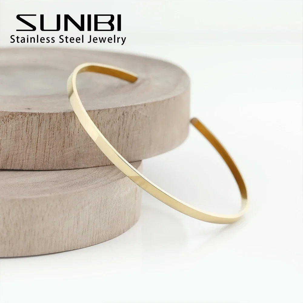 SUNIBI 4mm 6mm Stainless Steel Cuff Gold Color Bracelet Bangle for Women Jewelry Gifts Wholesale Dropshipping