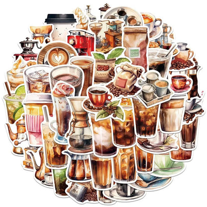 Coffee Lover Cartoon Sticker Pack | 50 Waterproof Decals for Laptop Helmet