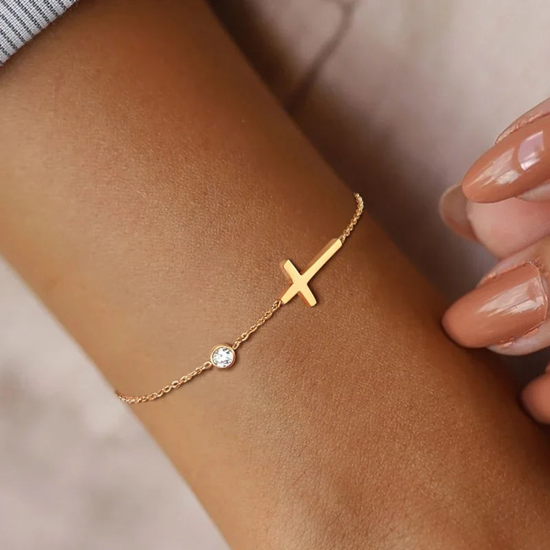 Birthstone Zirconia Thin Chain Link Cross Bracelet Stainless Steel Women's Adjustable Link Stacked Layered Chain Bracelets