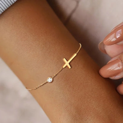Birthstone Zirconia Thin Chain Link Cross Bracelet Stainless Steel Women's Adjustable Link Stacked Layered Chain Bracelets