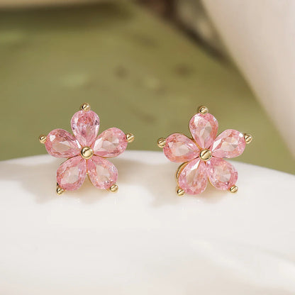NEWBUY Delicate Gold Color Cute Flower Stud Earrings For Women Pink Green White CZ Crystal Jewelry Femme Bijoux