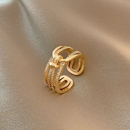 Luxury Double Layers Zircon Rings for Women Gold Plated Opening Stainless Steel Ring Trend Aesthetic Party Wedding Jewelry