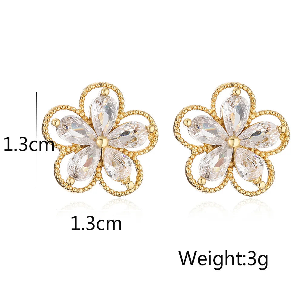NEWBUY Delicate Gold Color Cute Flower Stud Earrings For Women Pink Green White CZ Crystal Jewelry Femme Bijoux