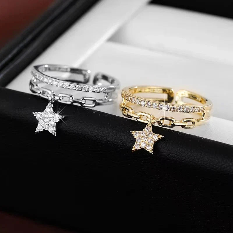 Exquisite Double-layer Design Women's Opening Ring Synthetic Zirconia Adjustable Ring with Star Pendant