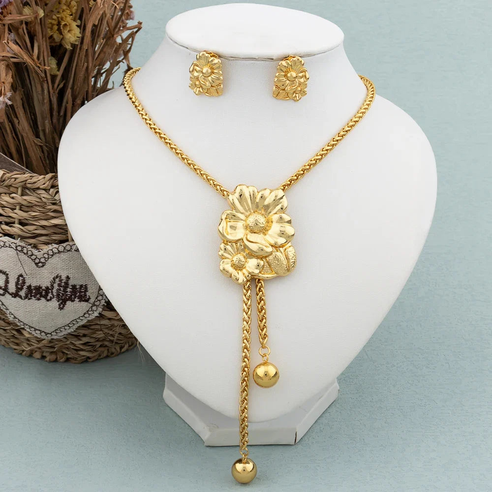 New Fashion Gold Plated Jewelry Set Pendant Dubai Italy Necklace Drop Earrings for Women Adjustable Chain Party Bohemia Jewelry