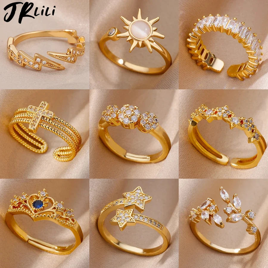 Zircon Flower Shaped Rings For Women Stainless Steel Open Ring Fashion Korean New Wedding Jewerly Gift