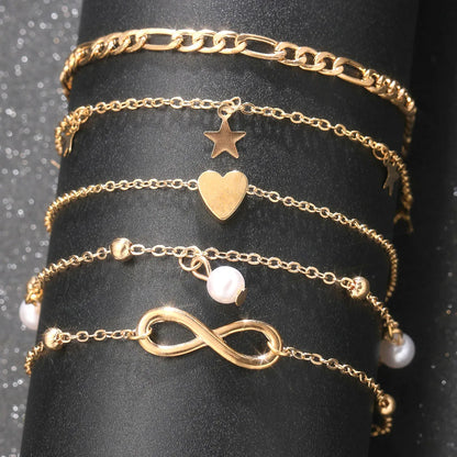 5Pcs Retro Multilayer Tassel Anklet Set for Women Bohemia Vintage Pearl Butterfly Star Heart Pendant Foot Bracelet Beach Jewelry