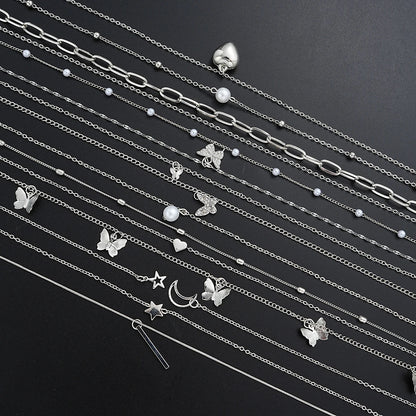 13Pcs/Set Simple Temperament Necklace Set Butterfly Pearl Heart Star Zircon Silver Color Necklace for Women Fashion Jewelry Gift