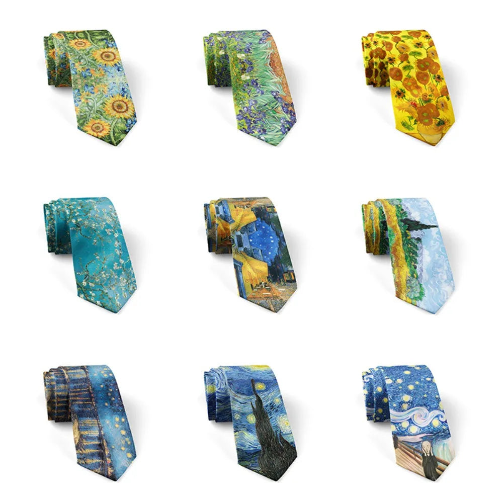 New Van Gogh Oil Painting Tie For Men Star Moon Night Retro Fun 8cm Wide Slim Necktie Accessories Daily Wear Wedding Party Gift
