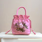 Small Embroidered Flower Bucket Bag | Women's Top Handle Drawstring Purse