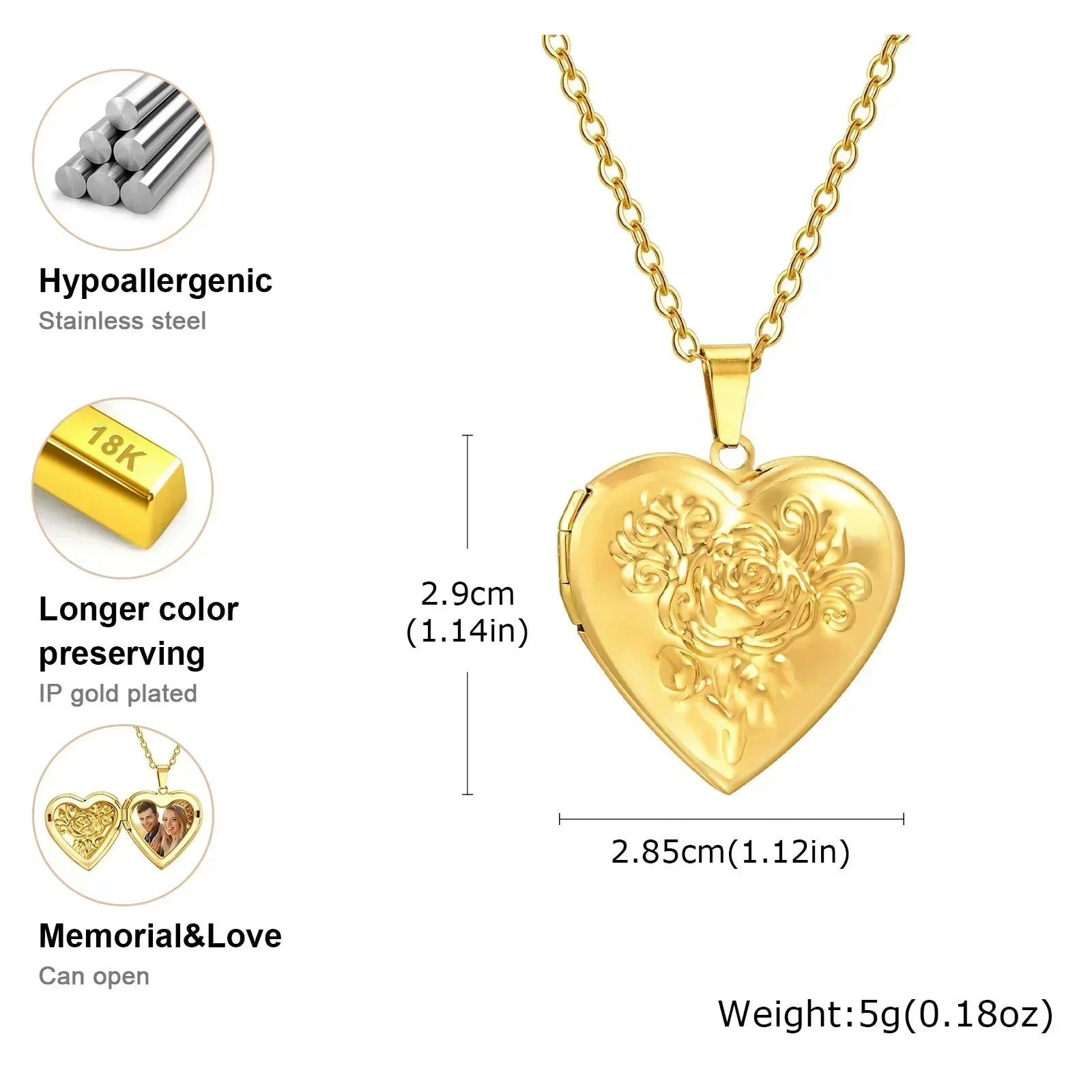 Vnox Stainless Steel Heart Locket Necklace Pendant with Photo Frame, Elegant Gold Plated Design Womens Gift